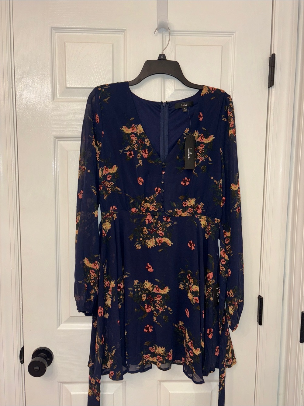 Lulu’s Always Yours Navy Blue Floral Print Long Sleeve Skater Dress